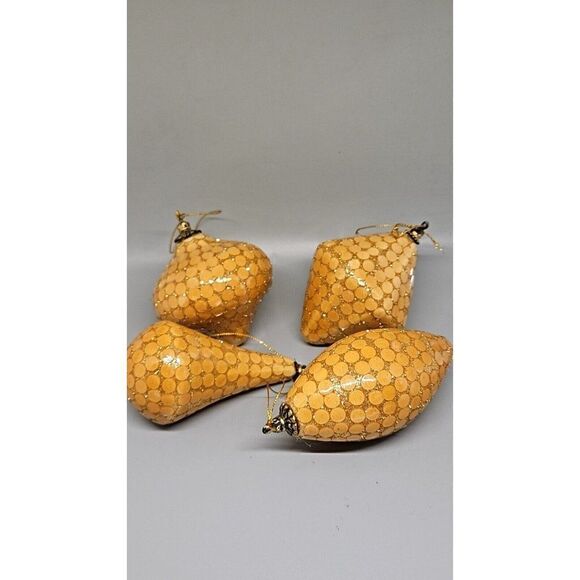 Set Of (4)Vtg Christmas Ornaments Shiny Glitter Sequin Golden Glam - Picture 6 of 6